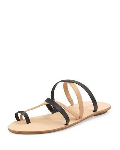 Sarie Leather Toe-ring Flat Sandal, Black/buff