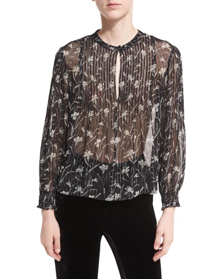 Walker Floral-print Sheer Long-sleeve Peasant Top