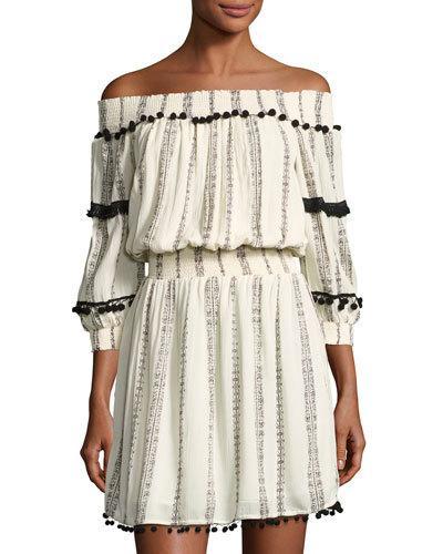 Off-the-shoulder Pompom Dress, Ivory