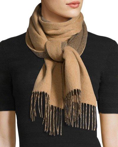 Cashmere Herringbone Fringe Scarf, Camel/dark Brown