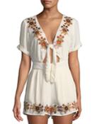 Rowley Floral-embroidered Romper W/ Tie Keyhole Front