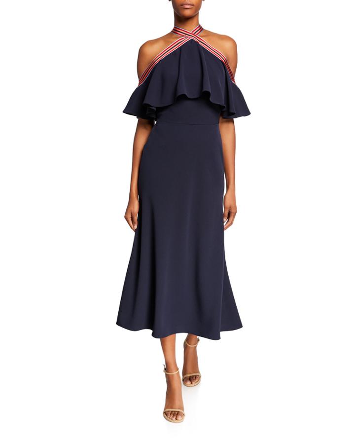 Cold-shoulder Ribbon-trim Flutter-bodice Dress