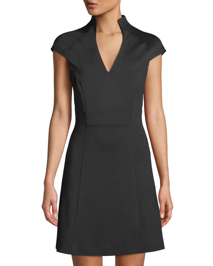 Military-neck Short-sleeve Fit & Flare Dress