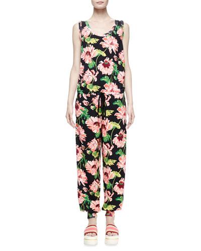 Sleeveless Floral-jacquard Jumpsuit, Dark Floral