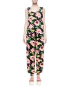 Sleeveless Floral-jacquard Jumpsuit, Dark Floral