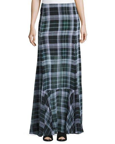 Flared Fluid Plaid Silk Maxi