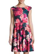 Floral-print Fit-and-flare Dress, Red