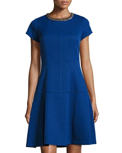 Short-sleeve Embellished Fit & Flare Dress, Cobalt