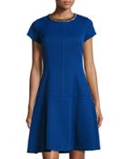 Short-sleeve Embellished Fit & Flare Dress, Cobalt