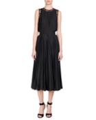 Pansy-print Pleated Charmeuse Midi Dress, Black