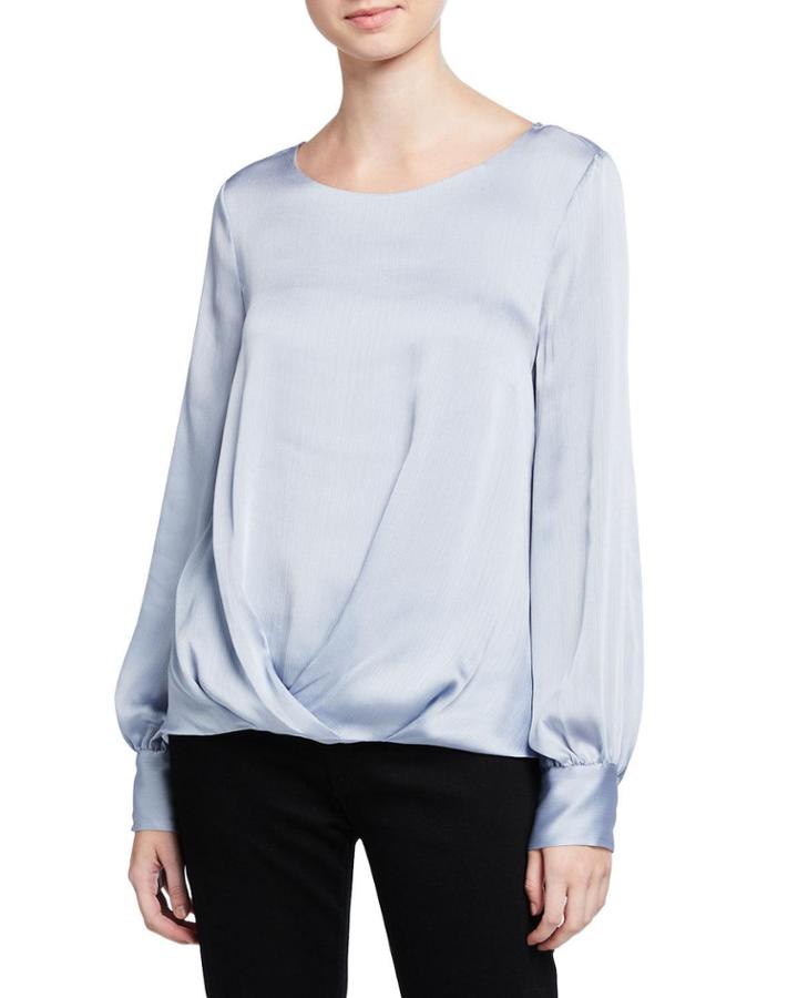 Long Puff-sleeve Fold-over Blouse