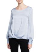 Long Puff-sleeve Fold-over Blouse