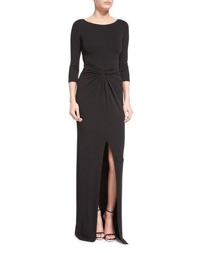 3/4-sleeve Twist-front Gown, Black