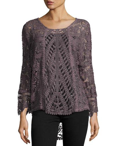 Adriana Floral-print Crochet Tunic, Oil Plum