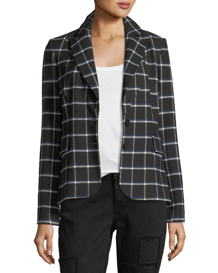 Grid-print Two-button Blazer W/ Elbow Patches