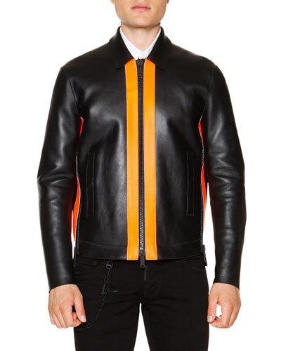 Leather Zip-up Jacket With Contrast Panels, Black/orange