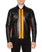 Leather Zip-up Jacket With Contrast Panels, Black/orange