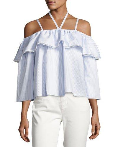 Cold-shoulder Flare Oxford Top, Blue