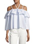 Cold-shoulder Flare Oxford Top, Blue