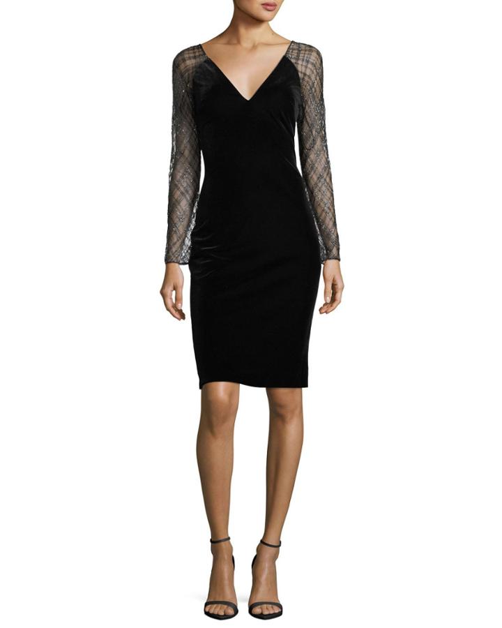 Beaded-lace Sleeve Velvet Cocktail Dress