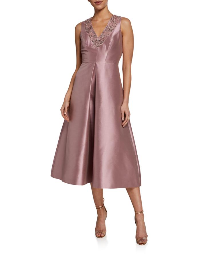 Beaded V-neck Tea-length Dress With Pockets