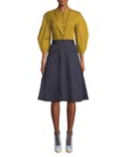Fragment Crewneck Button-front Balloon-sleeve Colorblock Dress