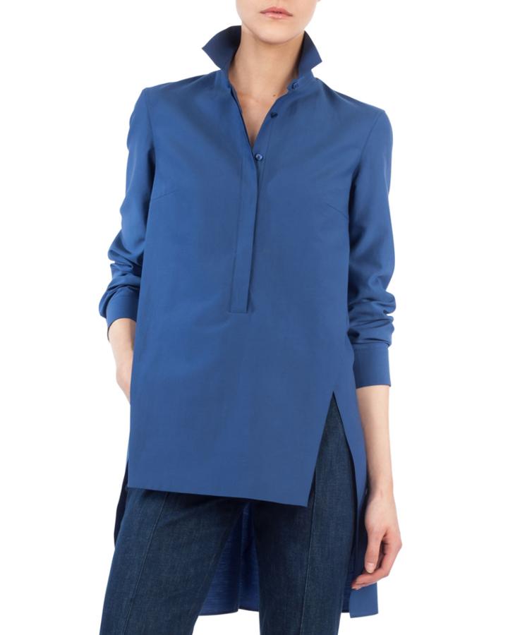 Long Button-front Cotton Poplin Tunic Blouse