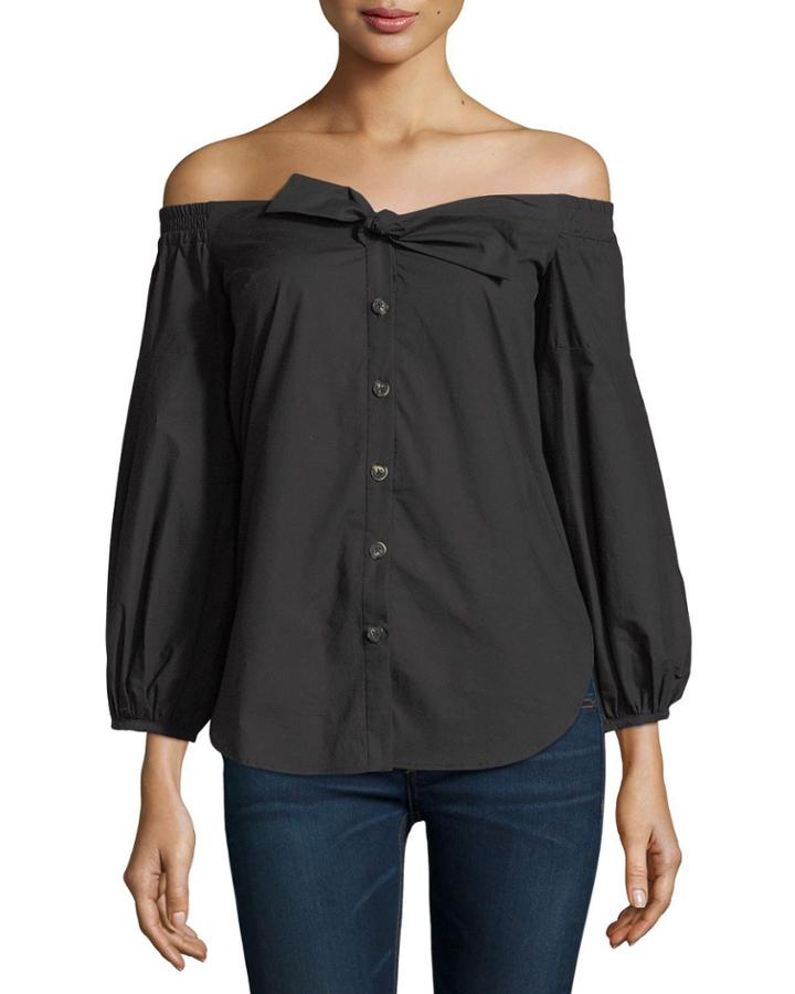 Madison Off-the-shoulder Button-front Poplin Top