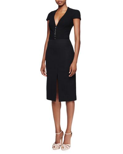 Cap-sleeve Deep-v-neck Dress, Black