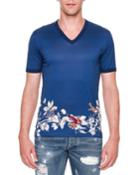 Bird-print V-neck T-shirt, Blue