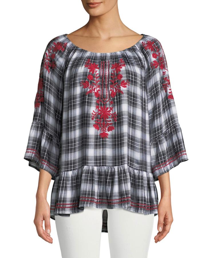 Embroidered Plaid Peasant Blouse