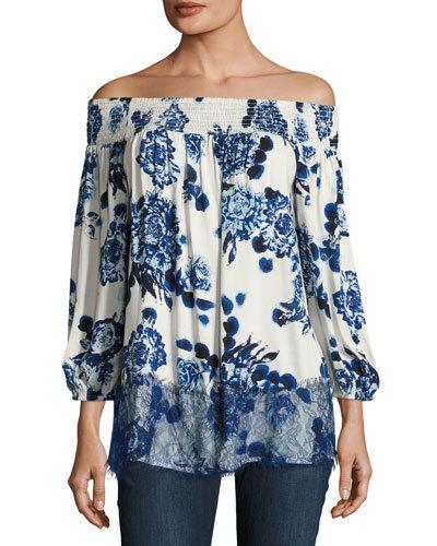 Off-the-shoulder Floral-print Top, White/blue