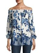 Off-the-shoulder Floral-print Top, White/blue