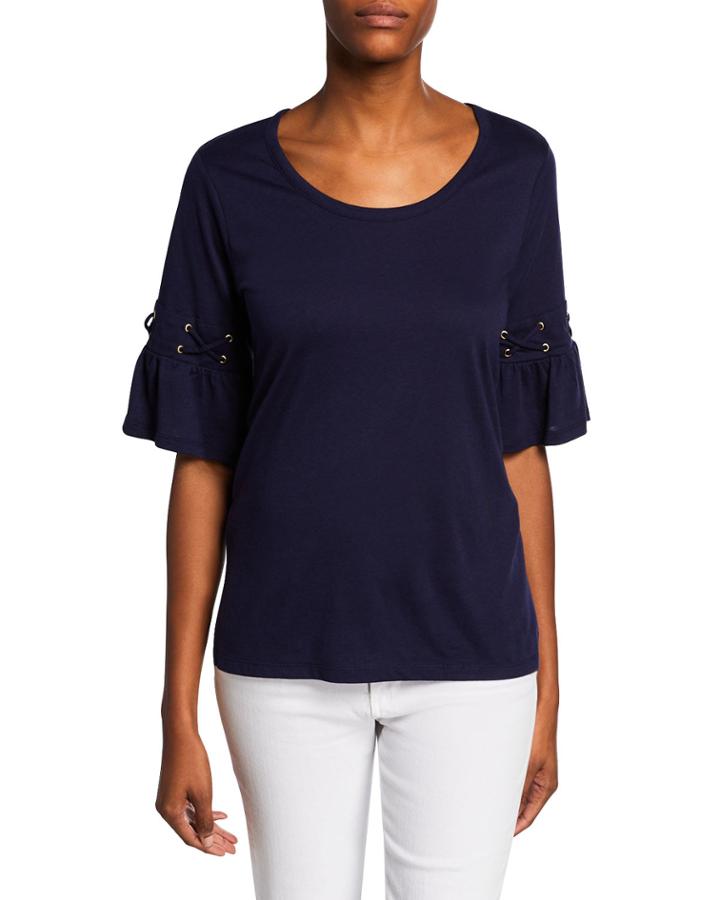 Solid Lace-up Ruffle T-shirt