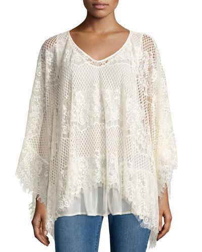 Crochet Poncho W/ Fringe Trim, Ivory