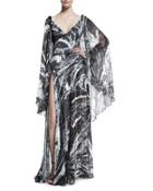 Swirled Velvet Cape-sleeve Gown, Black/white