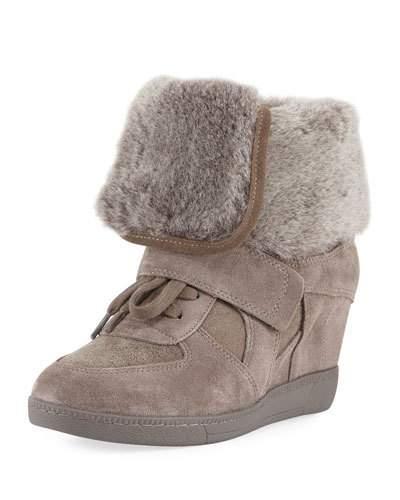 Brendy Wedge Sneaker With Fur Trim, Taupe