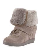 Brendy Wedge Sneaker With Fur Trim, Taupe
