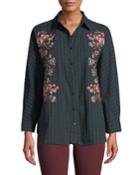 Floral-embroidered Check Button-front Blouse