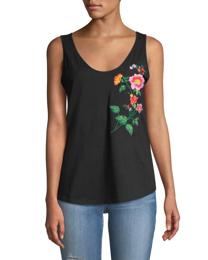 Scoop-neck Floral Embroidered Tank Top