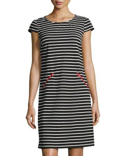Cap-sleeve Striped Knit Dress, Black/white