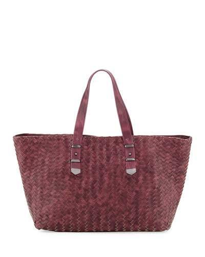 Distressed Woven Leather Tote Bag, Burgundy
