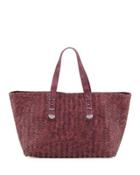 Distressed Woven Leather Tote Bag, Burgundy