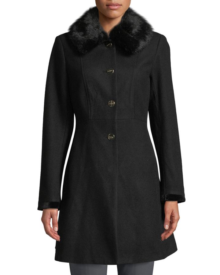 Belted Faux-fur Collar Fit-&-flare Coat