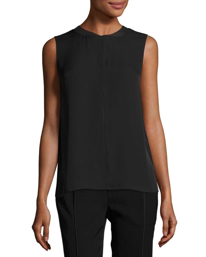Sleeveless Seam-front Silk Top, Black