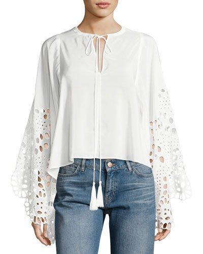 Eyelet Butterfly-sleeve Top, White