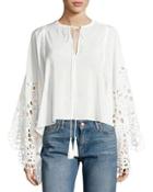 Eyelet Butterfly-sleeve Top, White