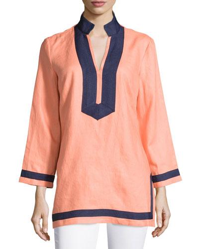 Classic Linen Long-sleeve Tunic, Desert Flower/navy