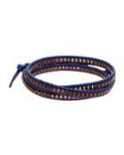 Mach Speed Men's Box-chain Leather Wrap Bracelet, Navy