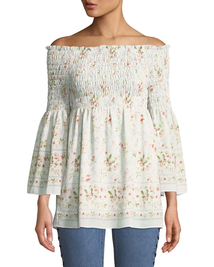 Smocked Off-the-shoulder Floral Blouse